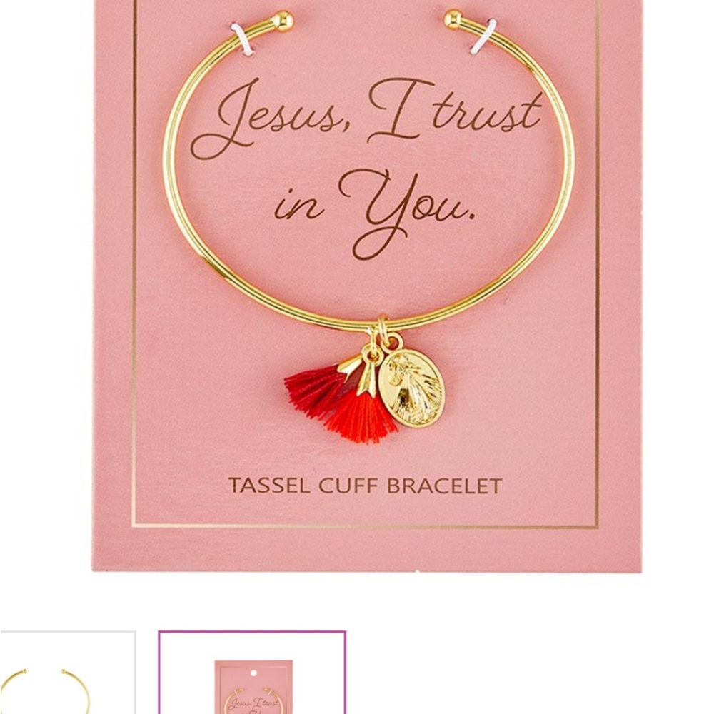 Divine Mercy Brass Gold plated red Tassel Cuff Bracelet with Divine Mercy Medal
